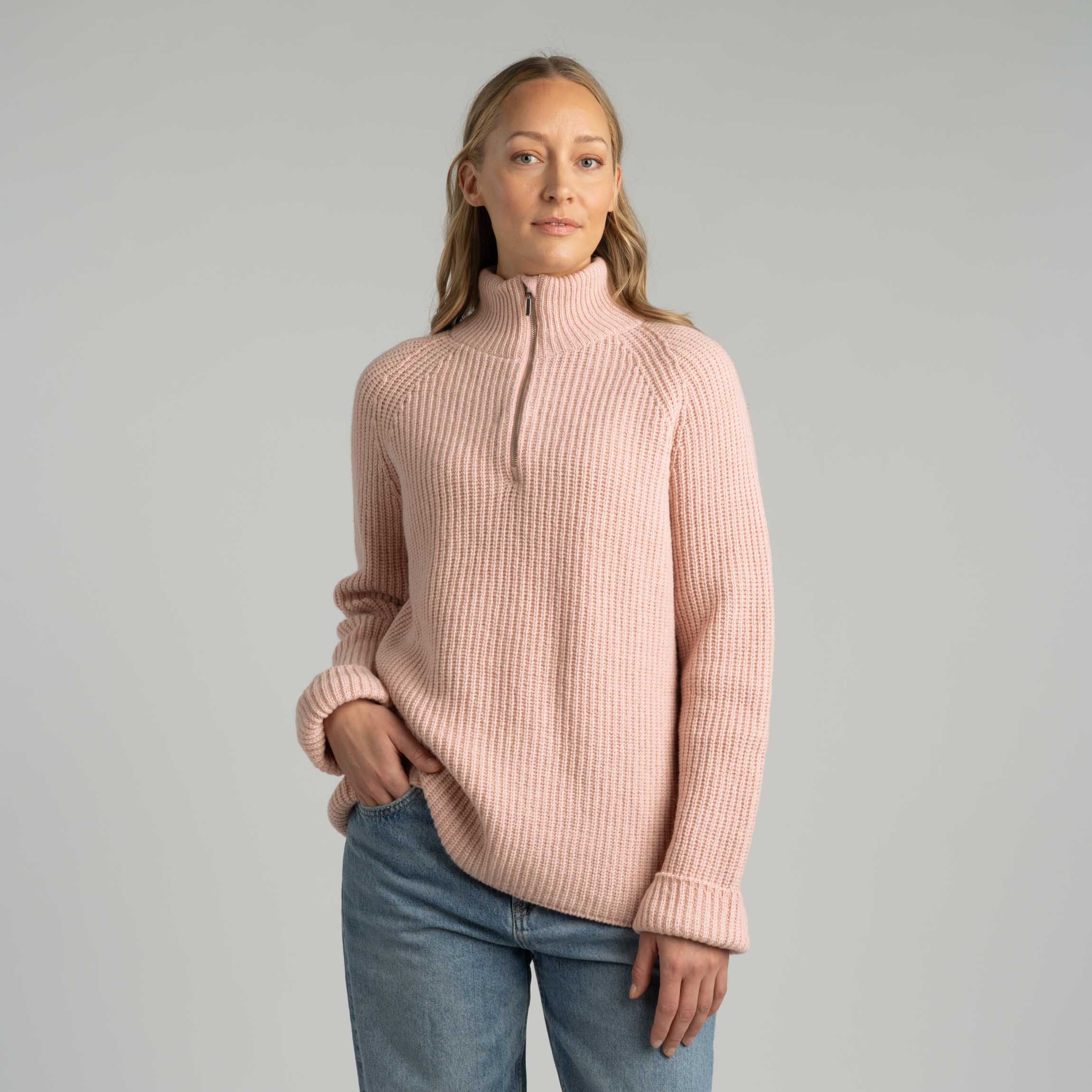Magnolia half zip pull en laine mérinos W - rose poudre
