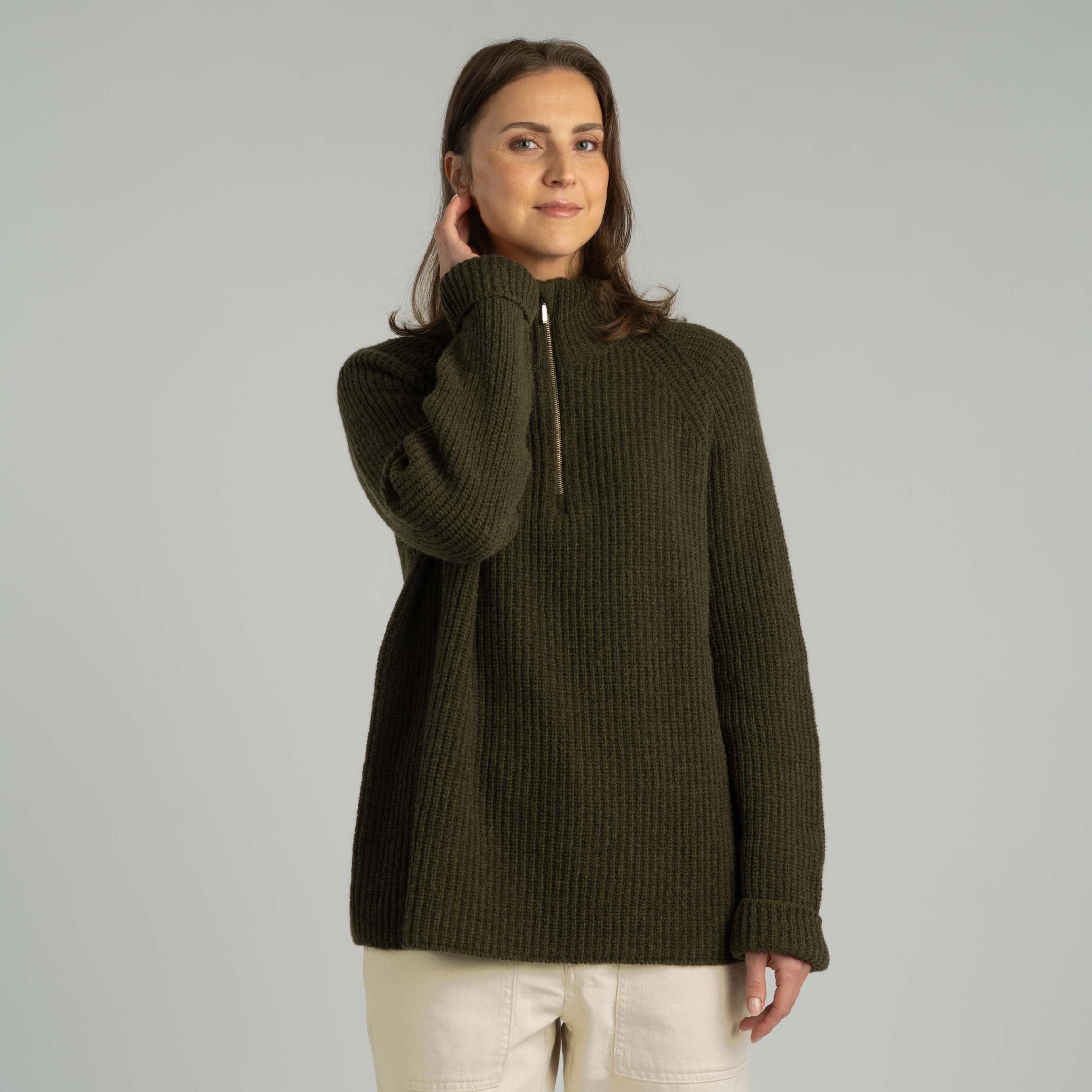 Magnolia half zip merino svetr s polovičním zipem W - tmavá oliva