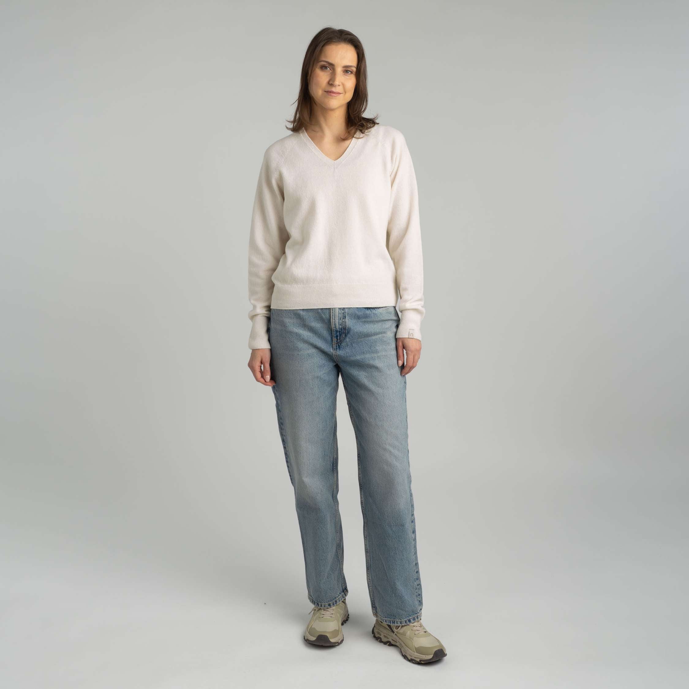 Kide femme pull en maille de mérinos col V - blanc neige