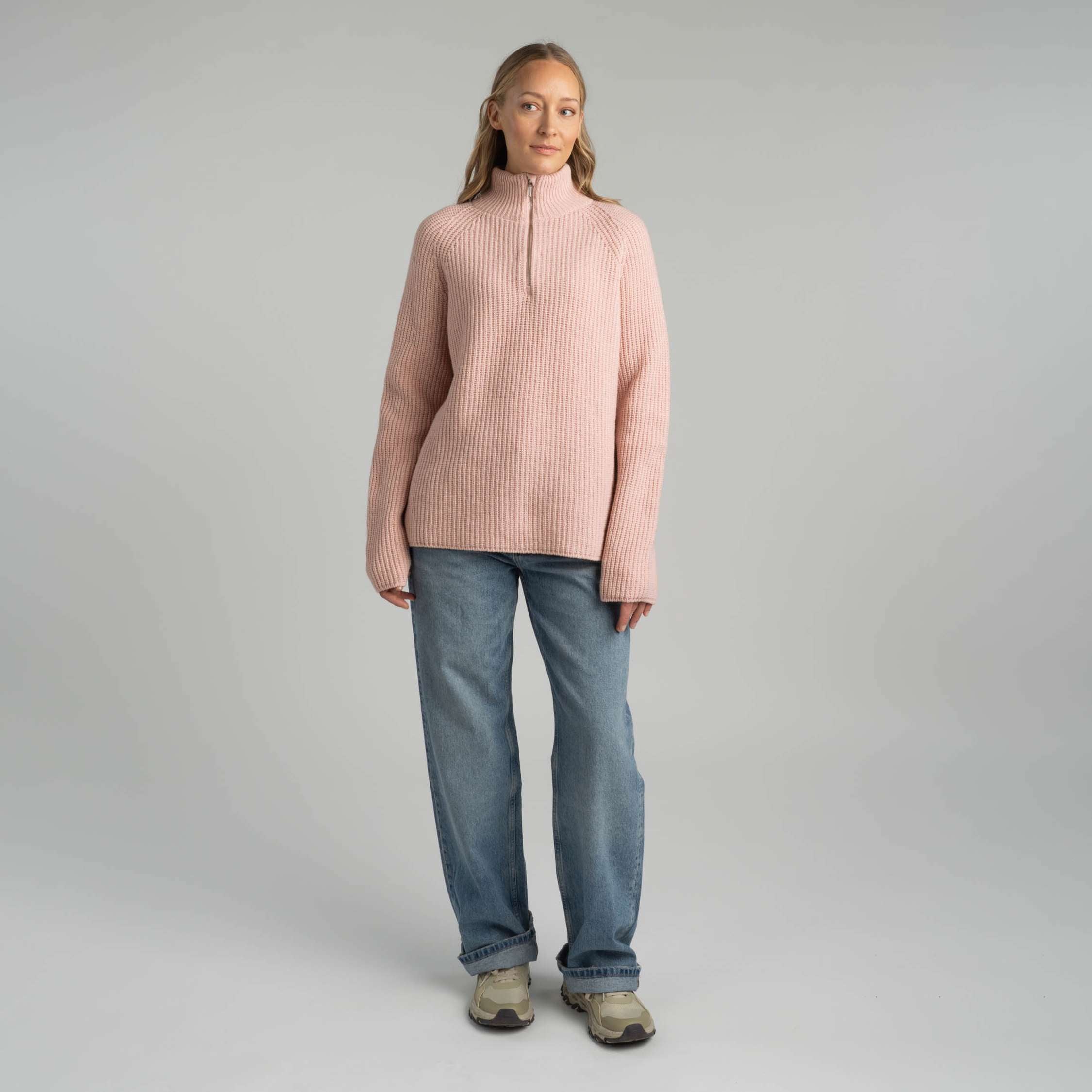 Magnolia half zip pull en laine mérinos W - rose poudre 