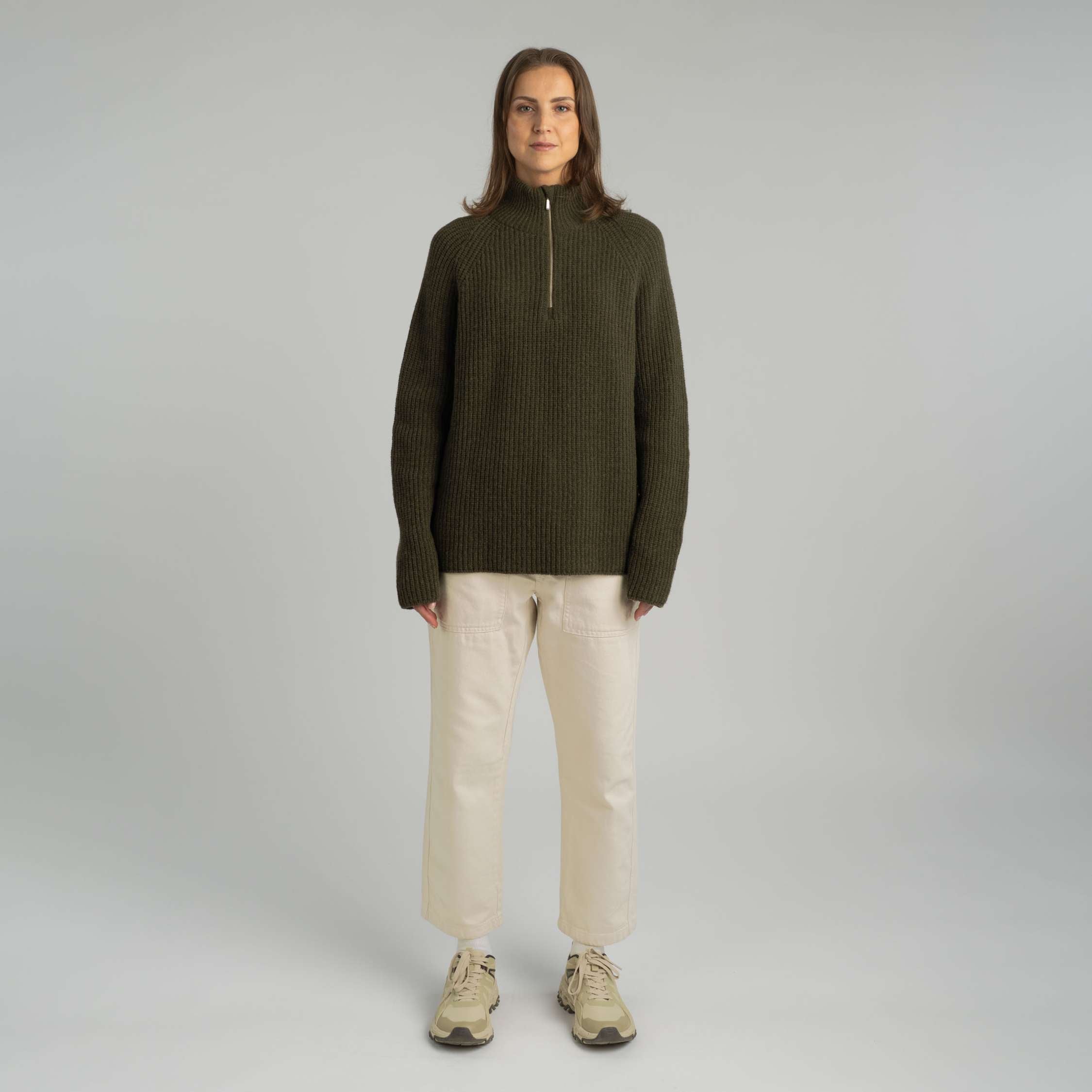 Magnolia half zip merino svetr s polovičním zipem W - tmavá oliva 